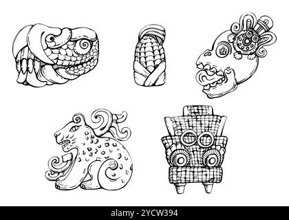 Simbolo della Mesoamerica, testa di lucertola, mais, scultura scolpita jaguar Aztec, antica statua del dio religioso. Illustrazione del vettore di inchiostro disegnato a mano. Set di elementi Illustrazione Vettoriale
