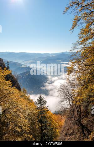 Splendido paesaggio montano autunnale incorniciato da colorati alberi autunnali. Monti Pieniny. Vista dal sentiero fino al picco di Trzy Korony. Sromowce Nizne, P. Foto Stock
