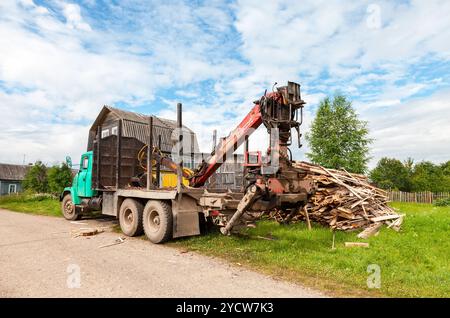 Troncare il manipolatore idraulico di legno scaricato dal dumper durante il giorno estivo Foto Stock