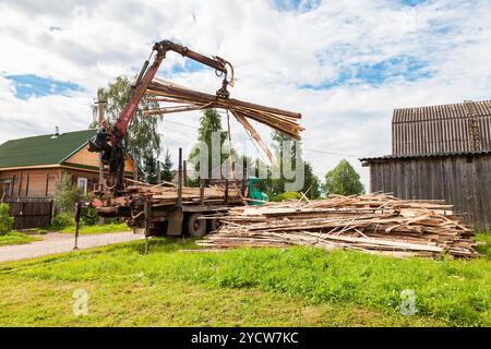 Troncare il manipolatore idraulico di legno scaricato dal dumper durante il giorno estivo Foto Stock