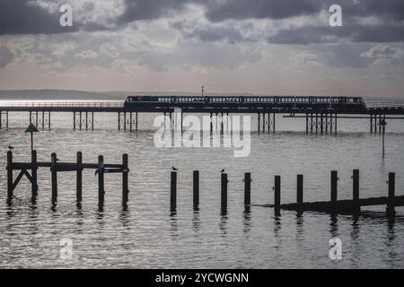 Southend Pier: Il molo di piacere più lungo del mondo. Il treno di Sir John Betjeman sul molo. Foto Stock