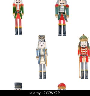 Acquerello con motivo senza cuciture di quattro diversi schiaccianoci, con una spada, con uno staff su sfondo bianco Foto Stock