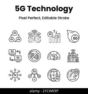 Migliora il tuo gioco di progettazione con le icone della rete 5G che donano ai tuoi progetti un tocco futuristico e un'estetica all'avanguardia. Illustrazione Vettoriale