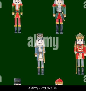 Acquerello con motivo senza cuciture di quattro diversi schiaccianoci, con una spada, con uno staff su sfondo verde Foto Stock