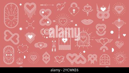 Simboli boho Valentine. Le icone celestiali, mistiche ed esoteriche della linea vettoriale adorano cuore, arcobaleno, luna, sole e stella con un motivo geometrico minimale. Profilo boho arco, diamante, frecce cupide e arco Illustrazione Vettoriale