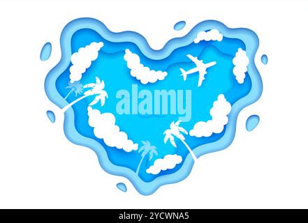 Piano tagliato in carta nel cielo nuvoloso con nuvole a forma di cuore e palme, striscione vettoriale. Viaggi estivi e vacanze sullo sfondo di un cuore tagliato di carta con aereo e palme per un sogno tropicale estivo Illustrazione Vettoriale