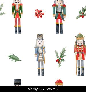 Acquerello senza cuciture con quattro diversi schiaccianoci, con una spada, con un bastone, un albero di agrifoglio e frutti di bosco su sfondo bianco Foto Stock