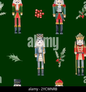Acquerello senza cuciture con quattro diversi schiaccianoci, con una spada, con un bastone, un albero di agrifoglio e frutti di bosco su sfondo verde Foto Stock