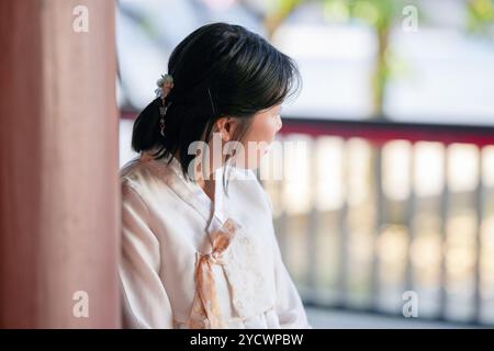 Una donna coreana di vent'anni che indossa un hanbok bianco siede dignitosamente in un edificio storico a Seoul, Corea del Sud. Foto Stock