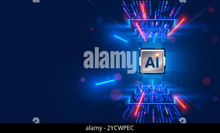 Processore con integrazione ai. Lettere AI su chip. CPU collegata all'archiviazione dati. Tecnologia di intelligenza artificiale in chip elettronico. Elaborazione dei dati Illustrazione Vettoriale