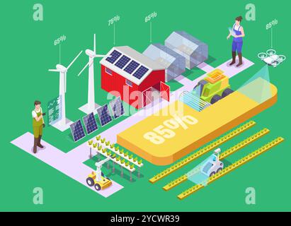 Azienda agricola intelligente con fonti di energia rinnovabili a pannelli solari Illustrazione Vettoriale