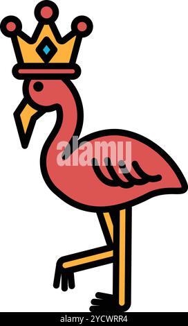 Un disegno a cartoni animati di un flamingo che indossa una corona. Il flamingo è in piedi su una gamba ed è un re Illustrazione Vettoriale