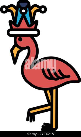 Un disegno a cartoni animati di un flamingo che indossa una corona. Il fenicottero è in piedi su una gamba ed è di umore giocoso Illustrazione Vettoriale