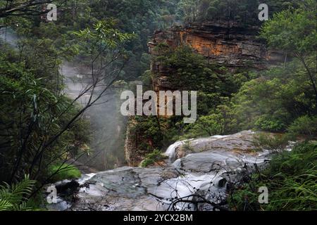 Scorre sopra la sporgenza a Wentworth Falls Foto Stock