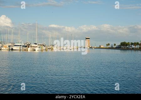 Vista dal parco giochi Albert Whitted nel bacino sud degli yacht a St. Petersburg, Florida. Verso il porticciolo e le barche attraccate. Alberi e vele contro un cielo blu. Foto Stock
