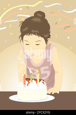 Bambino che fa saltare le candele sulla torta di compleanno Foto Stock