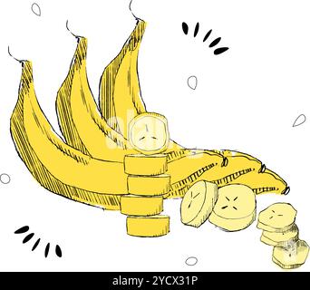 Tre banane che formano una composizione con fette diverse. Immagine vettoriale isolata su sfondo bianco Illustrazione Vettoriale
