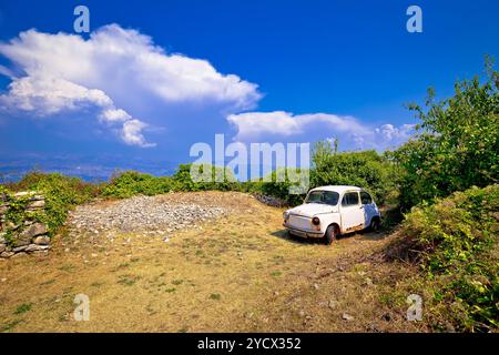 Old fashion auto rottamata in natura in Skrip vilage sull'isola di Brac Foto Stock