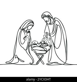 Continua una linea di Natale vettoriale presepe cristiano di Gesù bambino con Maria e Giuseppe. Scena di Betlemme Illustrazione Vettoriale