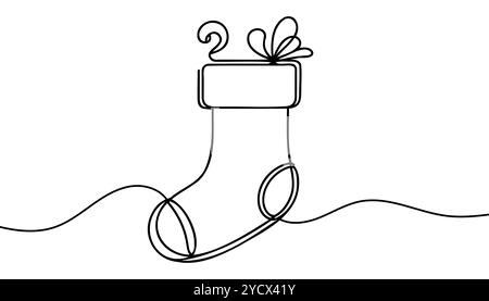 Una linea continua di calze natalizie appese con silhouette su sfondo bianco. Illustrazione Vettoriale