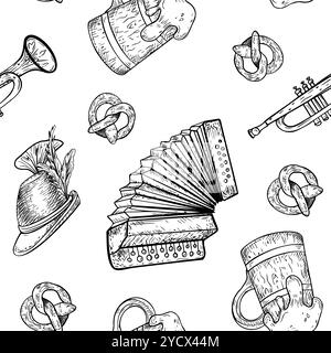 Oktoberfest Vector bianco e nero con motivo senza cuciture isolato. Fisarmonica, tromba, botte di birra in legno, cappello tedesco e incisione con pretzel dipinta. Birra Illustrazione Vettoriale