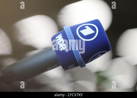 Norimberga, Germania. 24 ottobre 2024. Vestizione degli atleti della DSV (Associazione tedesca di sci) al MesseCongressCentrum. Un microfono di ARD e WDR (Westdeutscher Rundfunk). Crediti: Daniel Löb/dpa/Alamy Live News Foto Stock