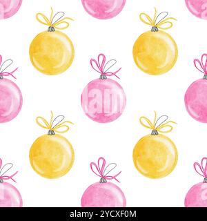 Disegno a mano senza cuciture con baule ornamentali gialle rosa. Acquerello in stile boho neutro con ornamenti per alberi di natale . Decorazioni di Capodanno avvolgenti in carta per festeggiare l'inverno Foto Stock