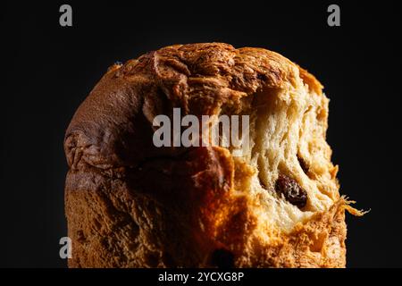 Una vista ravvicinata di un ricco panettone marrone dorato, il tradizionale pane natalizio italiano costellato di frutta secca, evidenziato su uno sfondo scuro. Foto Stock