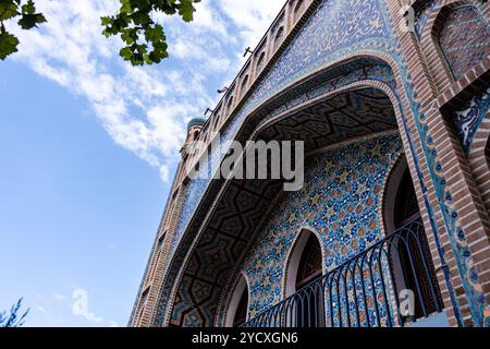 Questa immagine cattura gli splendidi dettagli delle piastrelle blu e bronzee che adornano un edificio architettonicamente significativo nella Vecchia Tbilisi, incorniciato Foto Stock