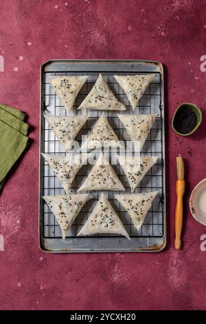 Samosa vegani appena sfornati, abbondantemente cosparsi di semi di sesamo, appoggiati su una griglia metallica contro una superficie rossa vivace Foto Stock