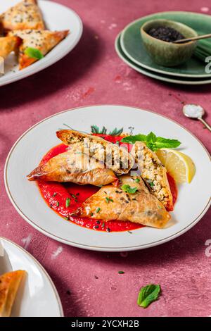 Un allettante piatto di samosa croccanti al forno ripieni di tofu, annidato su una vivace salsa di pomodoro rosso cosparsa di erbe fresche e semi di sesamo, questo Foto Stock