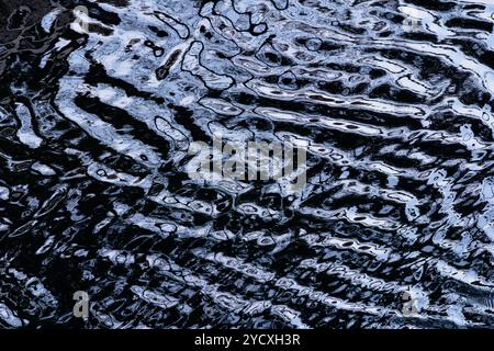 Foto accattivante che cattura gli intricati motivi di riflessi d'acqua nel porto di Viavelez, nelle Asturie, mostrando un mix ipnotico di sfumature Foto Stock