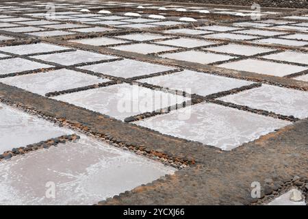 Vista aerea dei laghetti di evaporazione salina, che mostrano lo schema a griglia dei laghetti di cristallizzazione utilizzati nel processo di produzione naturale del sale Foto Stock