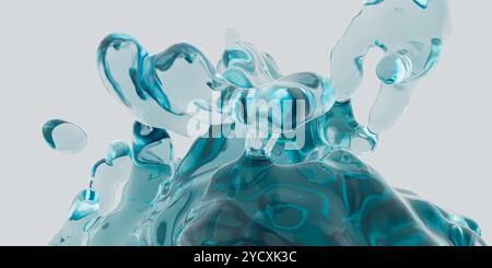 L'acqua con rendering 3D dinamico spruzza congelati in movimento con una tinta turchese, illustrando la fluidità e la purezza in un'illustrazione isolata. Foto Stock