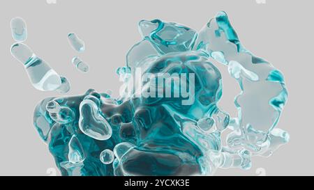 L'acqua con rendering 3D dinamico spruzza congelati in movimento con una tinta turchese, illustrando la fluidità e la purezza in un'illustrazione isolata. Foto Stock