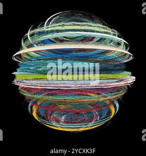 Una brillante illustrazione digitale di sfere di particelle 3D a strati, con uno spettro di colori brillanti e tratti testurizzati su sfondo nero, cr Foto Stock