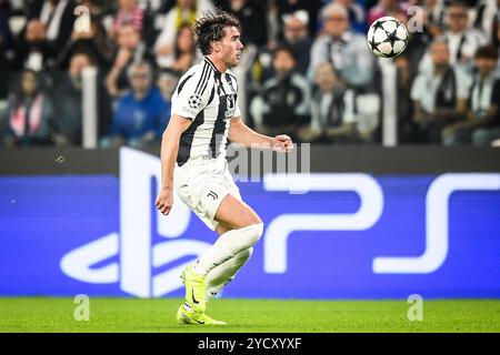 Torino, Italia 22 ottobre 2024, Dusan VLAHOVIC della Juventus durante la partita di calcio UEFA Champions League, fase MD3 tra Juventus FC e VfB Stoccarda il 22 ottobre 2024 allo stadio Allianz di Torino Foto Stock