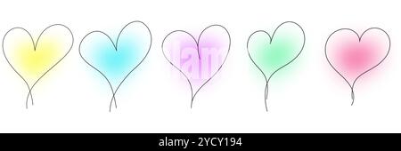 Carino set di cuori disegnati a mano sfocati e colorati. Cuori Art in linea Illustrazione Vettoriale