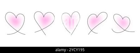 Carino set di cuori disegnati a mano con sfocatura rosa. Cuori Art in linea Illustrazione Vettoriale
