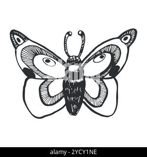 Moth, farfalla notturna, farfalla magica disegnata a mano con inchiostro nero su sfondo bianco. Illustrazione vettoriale. Adatto per decorazioni di Halloween, carte Illustrazione Vettoriale