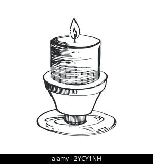 Candela su un candelabro, una candela bruciata disegnata a mano con inchiostro nero su sfondo bianco. Magia, illustrazione di Halloween. Adatto per la stampa su Illustrazione Vettoriale