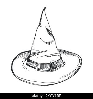 Cappello da strega o mago con cintura, disegnato a mano con inchiostro nero su sfondo bianco. Illustrazione vettoriale, HAT. Illustrazione per Halloween, stampa su biglietti Illustrazione Vettoriale