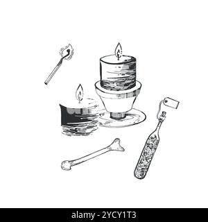 Candele su candelabri, una fiammifero in fiamme, dadi per raccontare la fortuna, una pozione in una bottiglia. Un set per stregoneria e magia. Illustrazione per Halloween Illustrazione Vettoriale