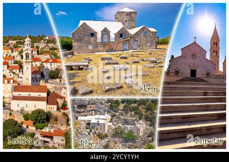 Monumenti storici dell'isola di Brac cartoline turistiche con etichette Foto Stock