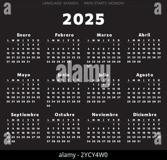 Calendario spagnolo di 2025 anni. Illustrazione a colori vettoriale stampabile per la Spagna. Su sfondo nero Illustrazione Vettoriale