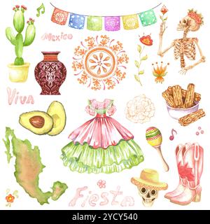 Set di acquerelli Cinco de Mayo. Elementi di design messicani, peperoncino, avocado, cactus, chitarra, tequila, stivali da cowboy, zuccherino, lama, cappello sombrero. Foto Stock