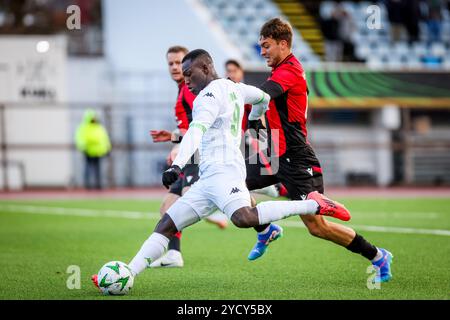 Reykjavik, Islanda. 24 ottobre 2024. Kevin Denkey di Cercle raffigurato in azione durante una partita di calcio tra l'islandese Vikingur Reykjavik e il belga Cercle Brugge KSV, giovedì 24 ottobre 2024, a Reykjavik, Islanda, il secondo giorno della fase a gironi del torneo UEFA Conference League. BELGA PHOTO ARNI TORFASON credito: Belga News Agency/Alamy Live News Foto Stock