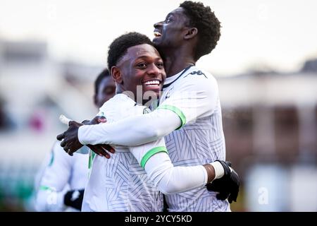 Reykjavik, Islanda. 24 ottobre 2024. Kazeem Olaigbe di Cercle festeggia dopo aver segnato durante una partita di calcio tra l'islandese Vikingur Reykjavik e il belga Cercle Brugge KSV, giovedì 24 ottobre 2024, a Reykjavik, Islanda, il secondo giorno della fase a gironi del torneo UEFA Conference League. BELGA PHOTO ARNI TORFASON credito: Belga News Agency/Alamy Live News Foto Stock