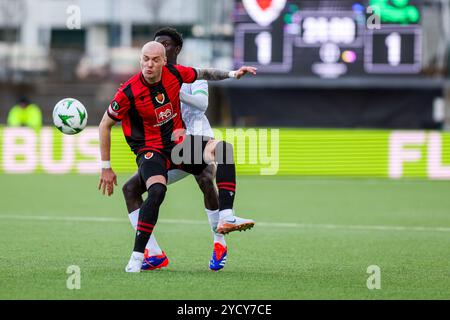 Reykjavik, Islanda. 24 ottobre 2024. Il Dalangunypole Gomis di Cercle, raffigurato in azione durante una partita di calcio tra l'islandese Vikingur Reykjavik e il belga Cercle Brugge KSV, giovedì 24 ottobre 2024, a Reykjavik, Islanda, il secondo giorno della fase a gironi del torneo UEFA Conference League. BELGA PHOTO ARNI TORFASON credito: Belga News Agency/Alamy Live News Foto Stock