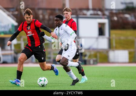 Reykjavik, Islanda. 24 ottobre 2024. Il Kader Abdoul Ouattara di Cercle raffigurato in azione durante una partita di calcio tra l'islandese Vikingur Reykjavik e il belga Cercle Brugge KSV, giovedì 24 ottobre 2024, a Reykjavik, Islanda, il secondo giorno della fase a gironi del torneo UEFA Conference League. BELGA PHOTO ARNI TORFASON credito: Belga News Agency/Alamy Live News Foto Stock